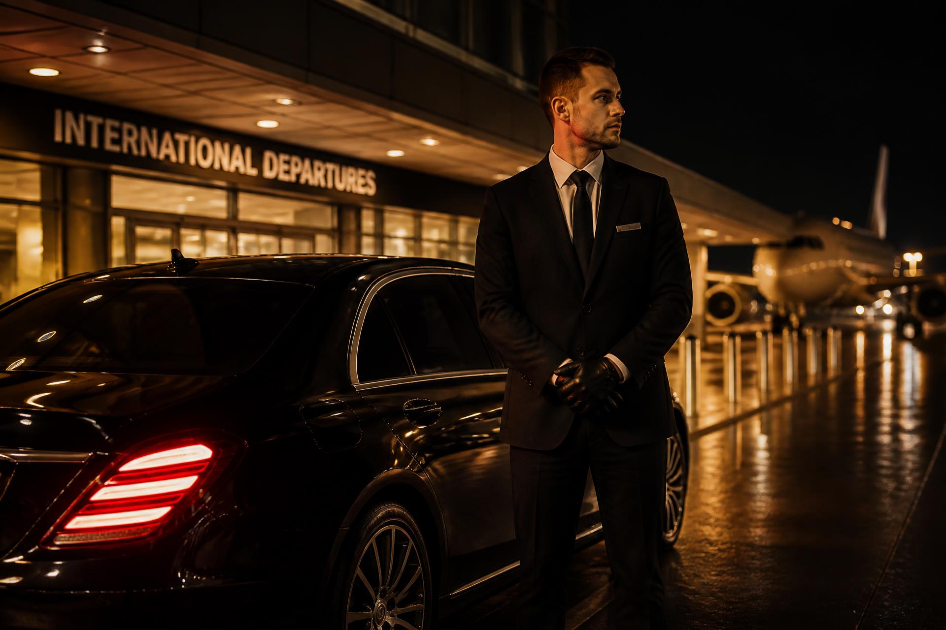 Premium chauffeur waiting beside a luxury black car
